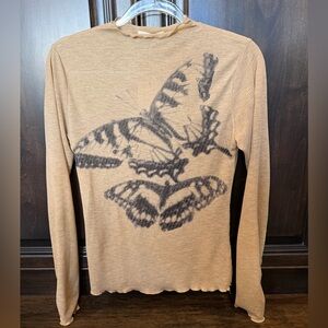 Easel Tan Long Sleeve Top with Butterfly Print-NWT